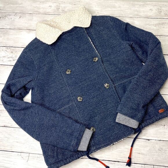 Roxy Beautiful Adventure sherpa pea coat jacket in blue and off white inside. M - Picture 1 of 11